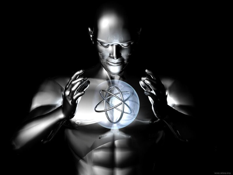 robot holding atomic model