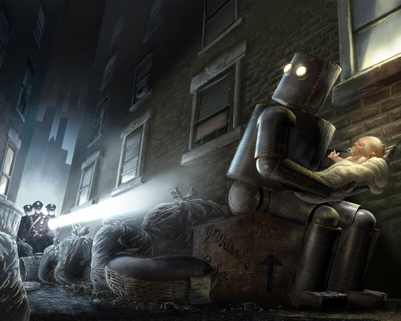 Robot Holding Baby — Gray