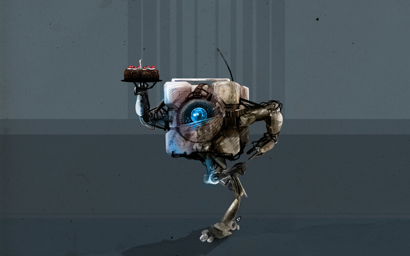 robot holding birthday cake