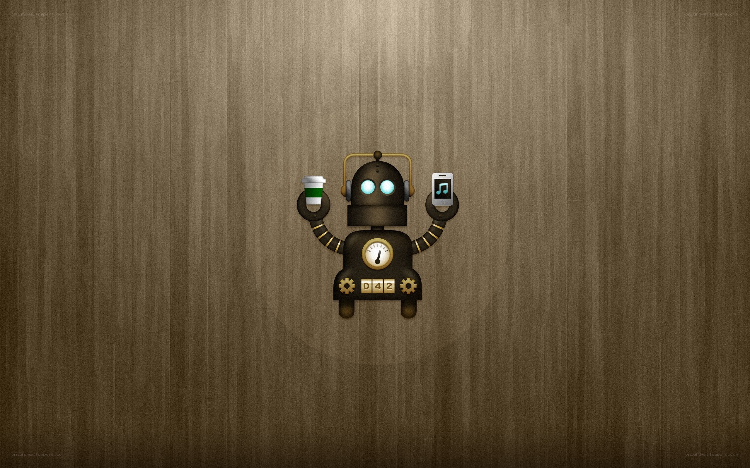 robot holding coffee and phone