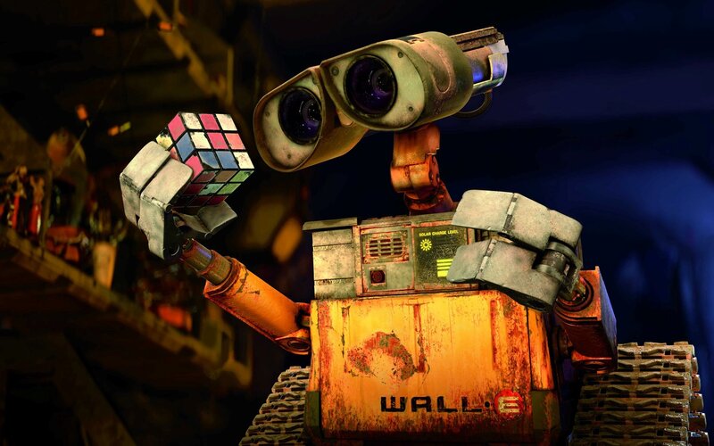 Robot Holding Cube — Orange, Dramatic, Night