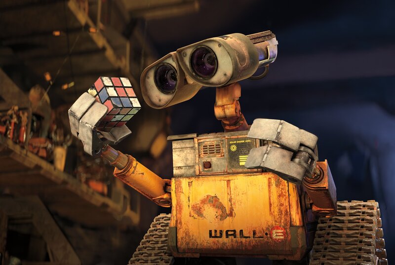 Robot Holding Cube — Yellow, Curious, Night