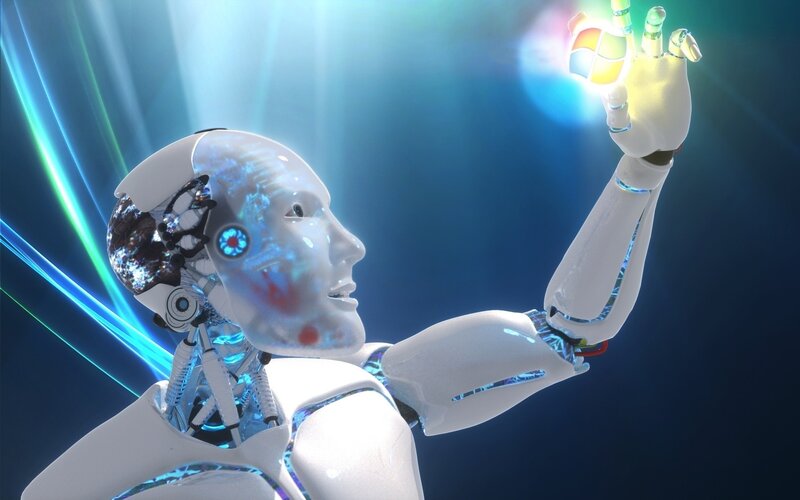 Robot Holding Glowing Logo — White, Futuristic
