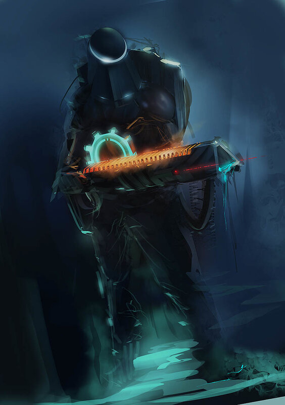 robot holding glowing weapon