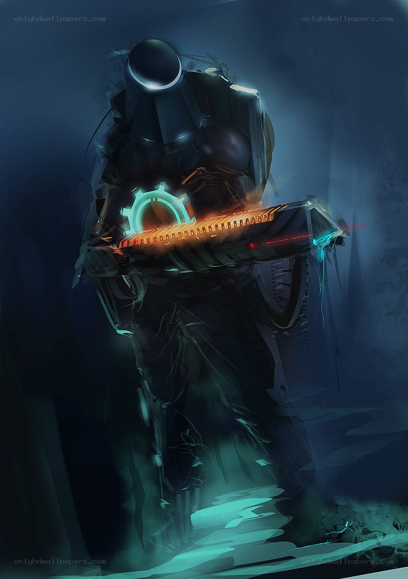 robot holding glowing weapon