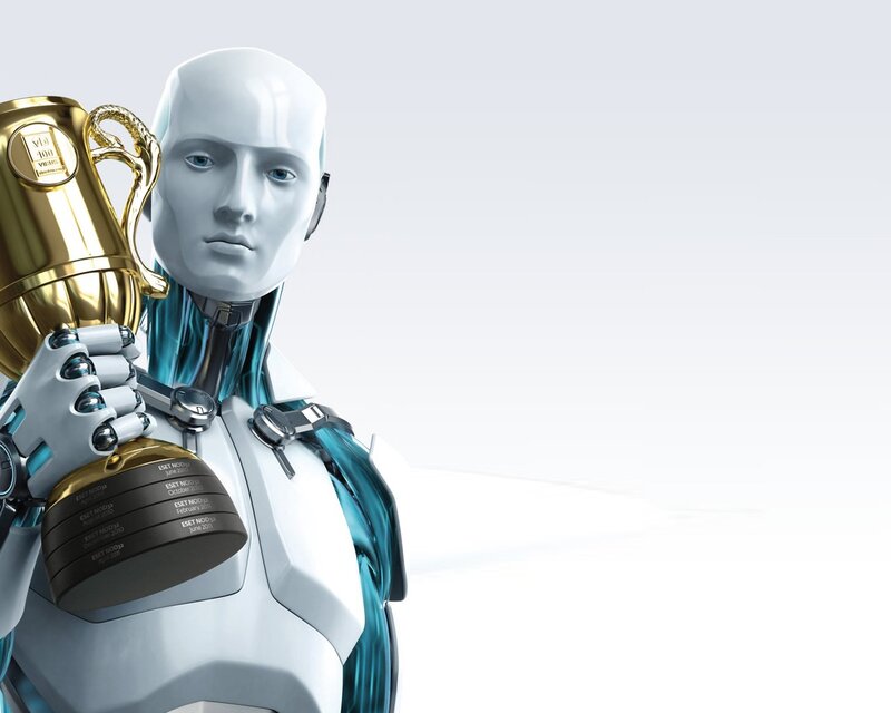 robot holding golden trophy