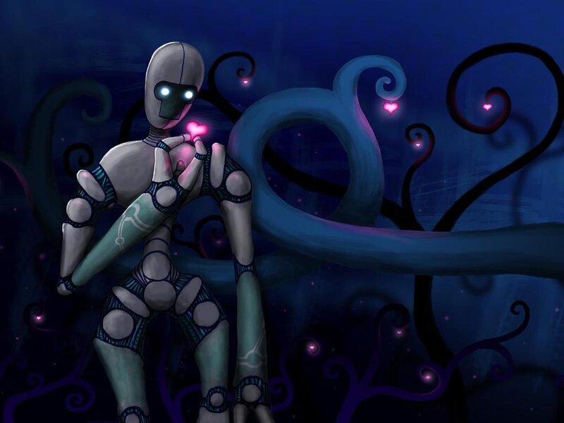 Robot Holding Heart — Blue, Mysterious
