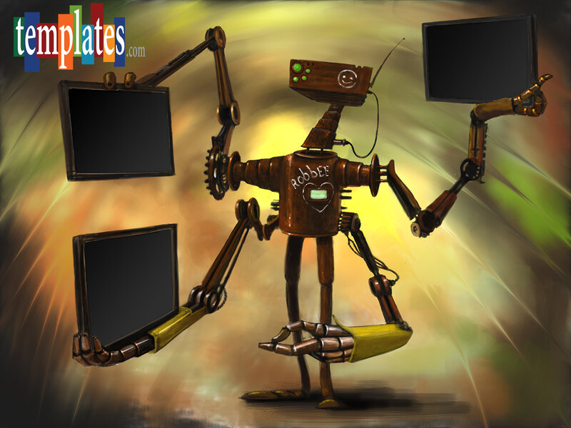 robot holding monitors