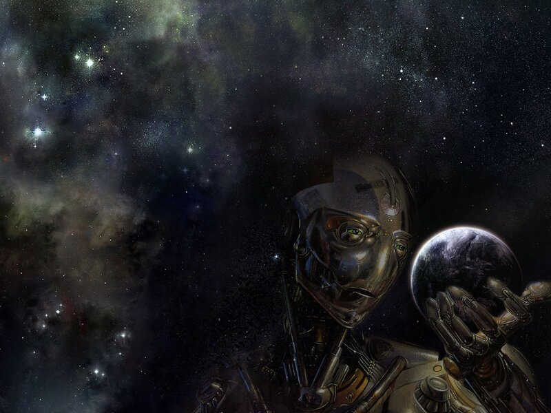 Robot Holding Planet — Black