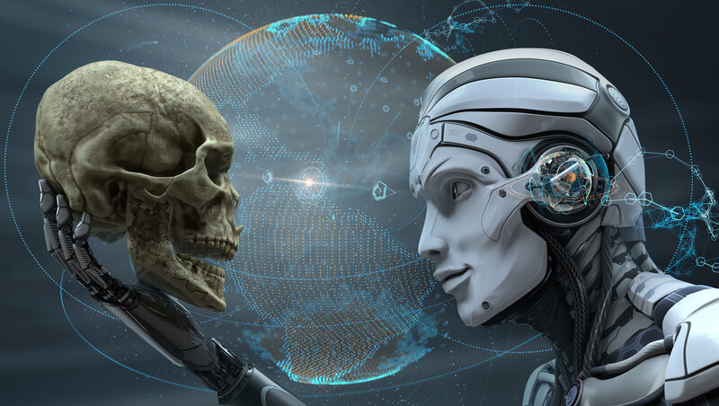 Robot Holding Skull — Gray, Dramatic, 3d Render