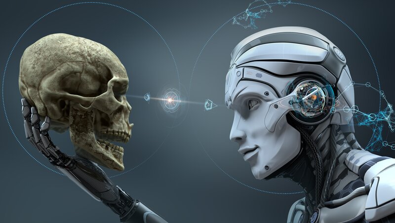 Robot Holding Skull — Gray, Dramatic