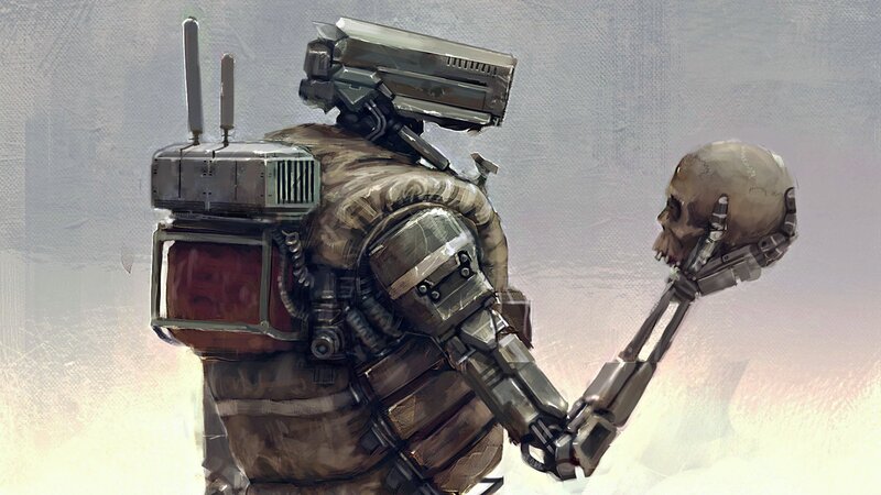 Robot Holding Skull — Gray