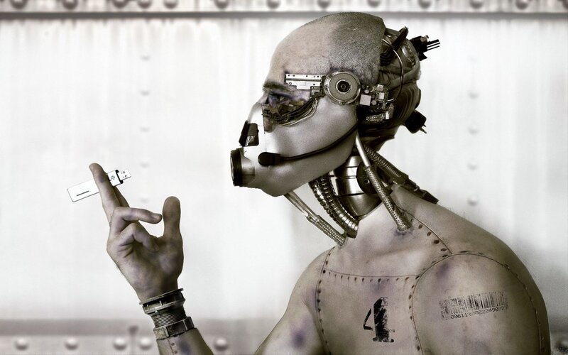 Robot Holding USB Drive — Gray, Dramatic, Digital Art, Usb Drive