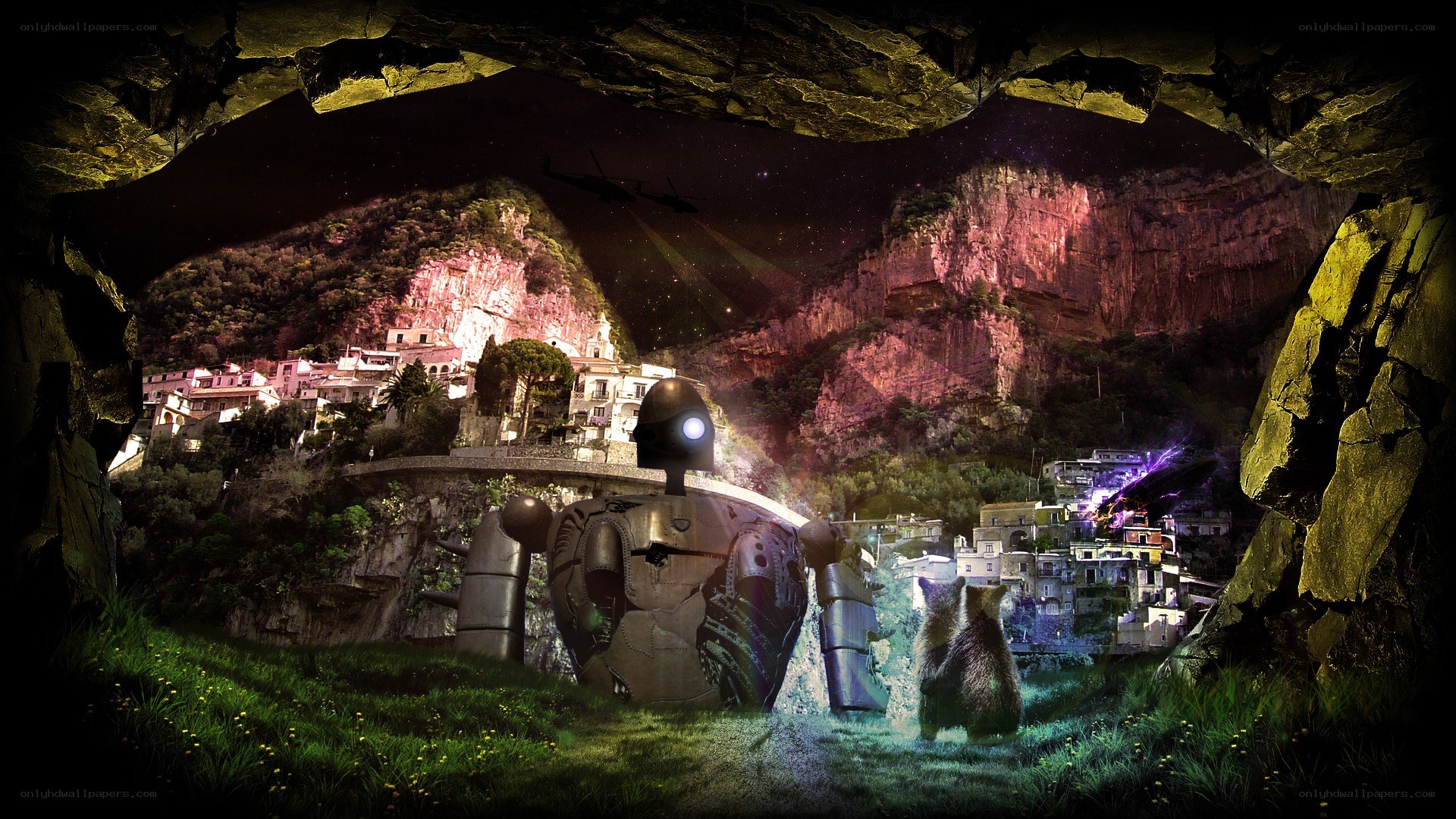 Robot in a cave overlooking a village
