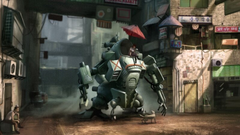 Robot in a city alley
