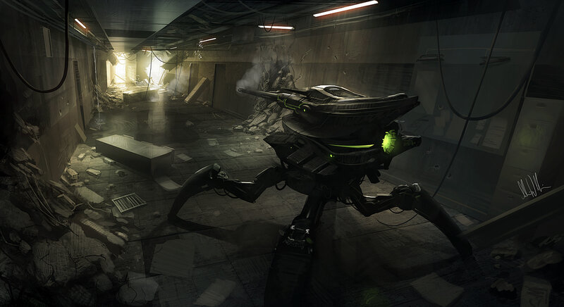 robot in a destroyed corridor