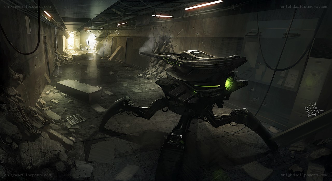 robot in a destroyed corridor