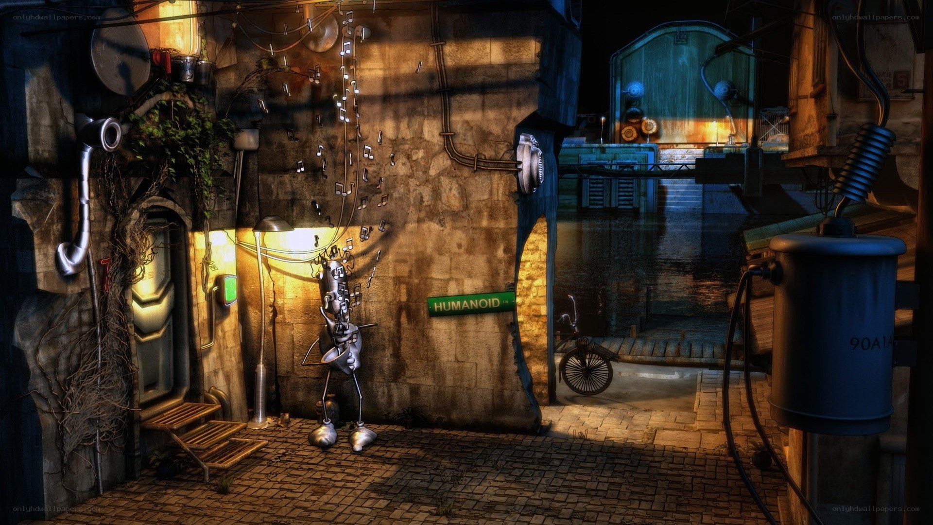 robot in a dim alley
