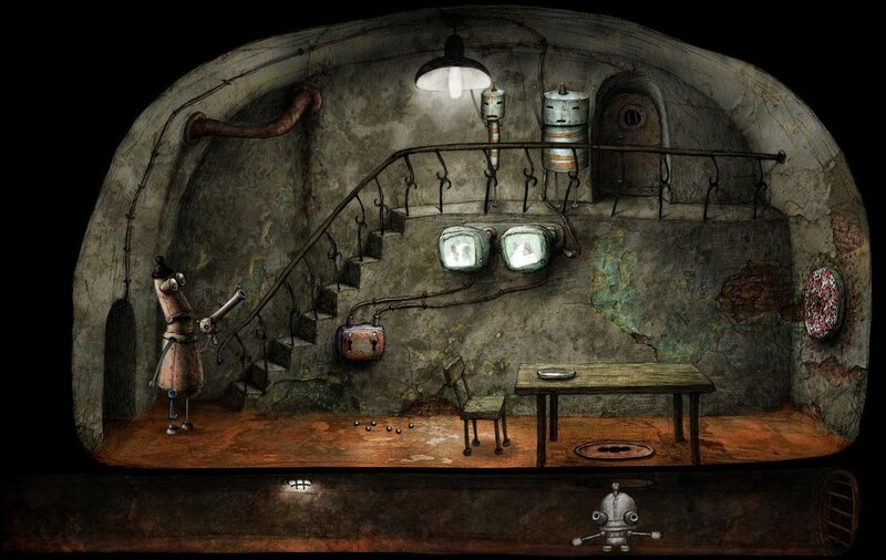 robot in a dimly lit basement