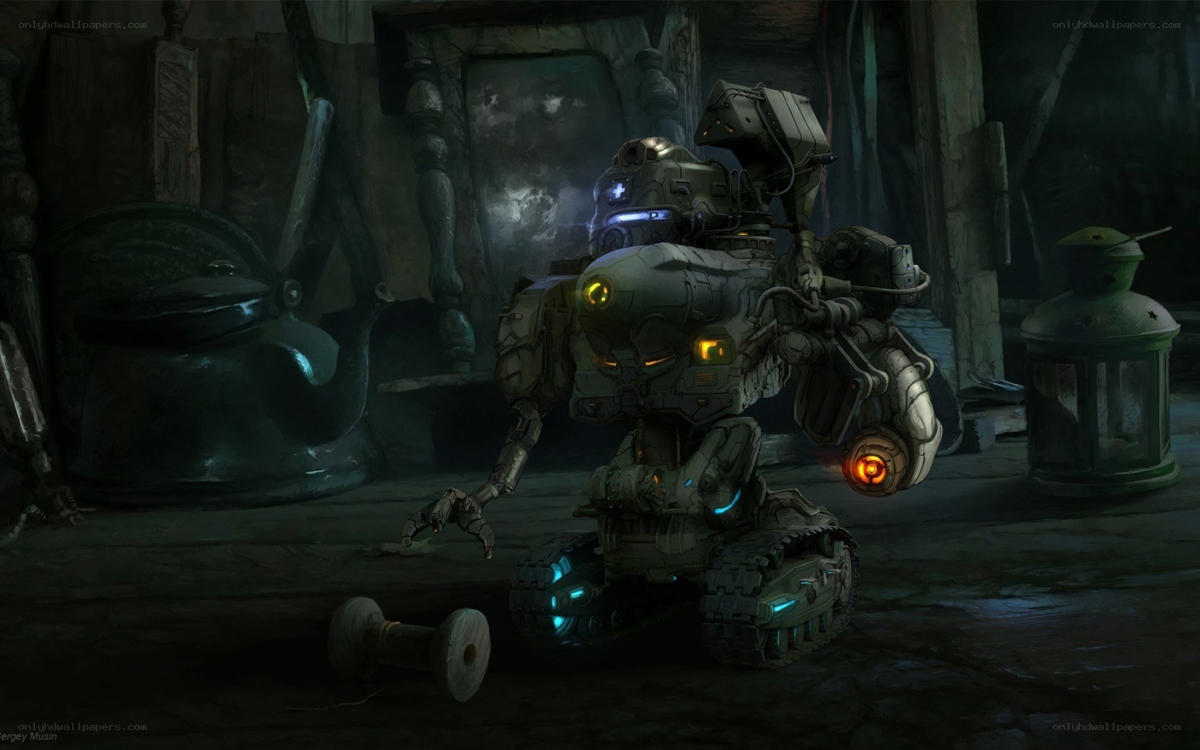 robot in a dimly lit workshop