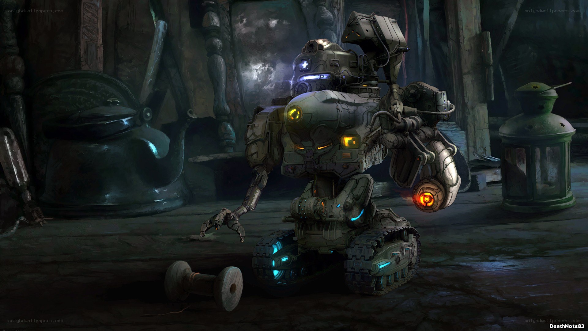 robot in a dimly lit workshop