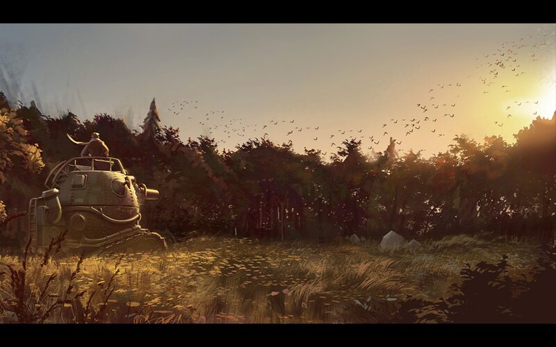 Robot in a field at sunset