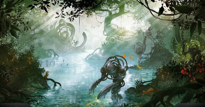 Robot in a Forest River