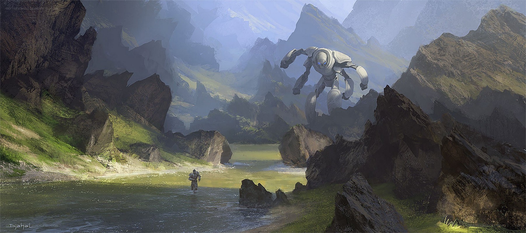 Robot in a mountain valley