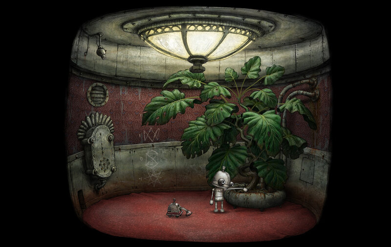 robot in a room with plant