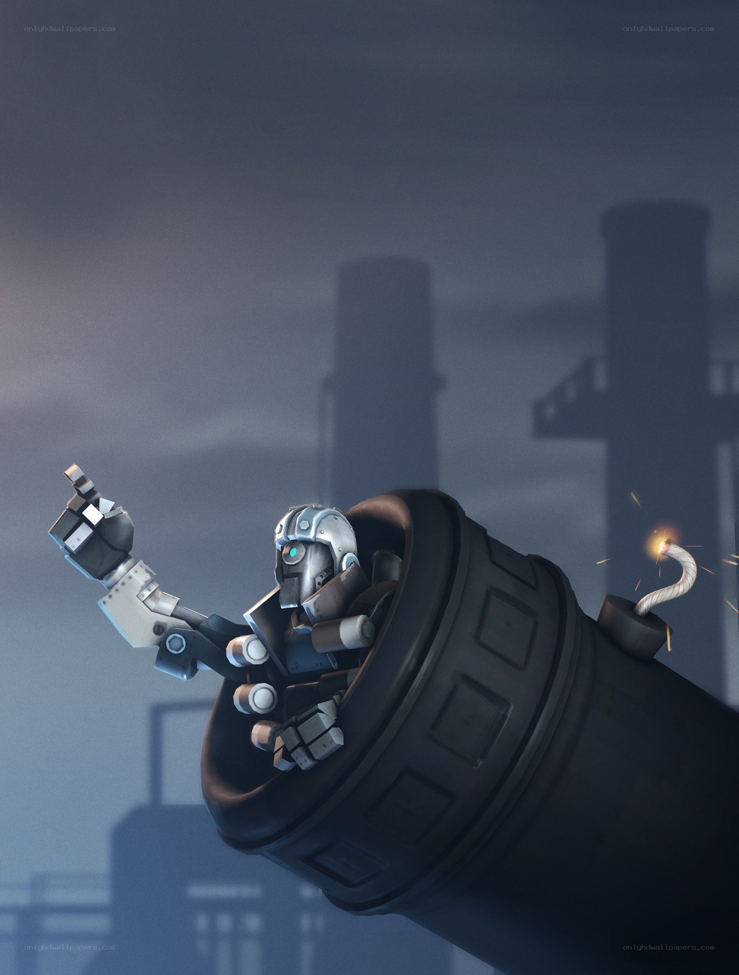 robot in cannon with bomb