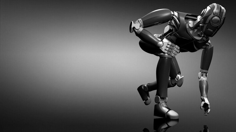Robot in Crouched Pose — Black, Dramatic, 3d Render, Reflection