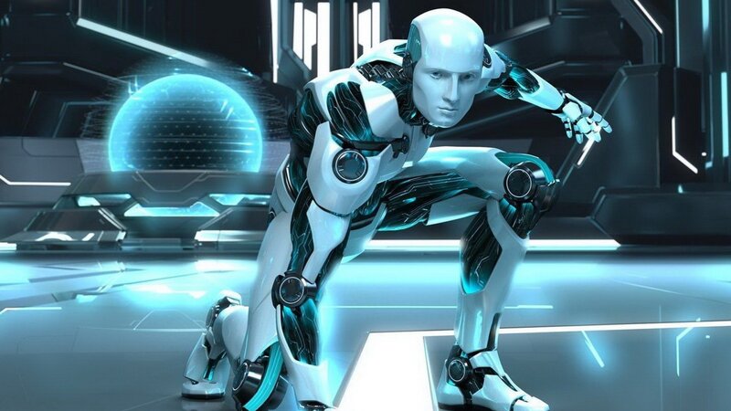 Robot in Crouched Pose — White, Dramatic, 3d Render