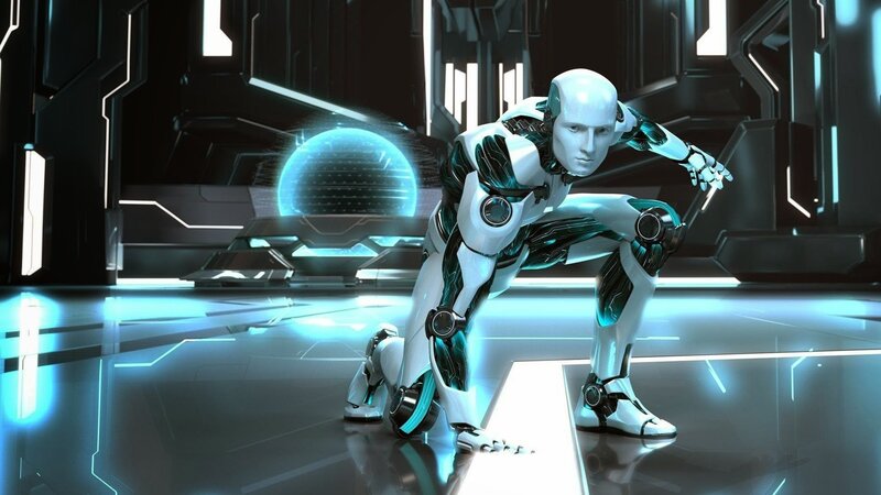 Robot in Crouched Pose — White, Dramatic