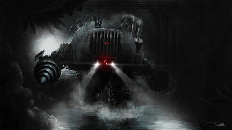 robot in dark cave