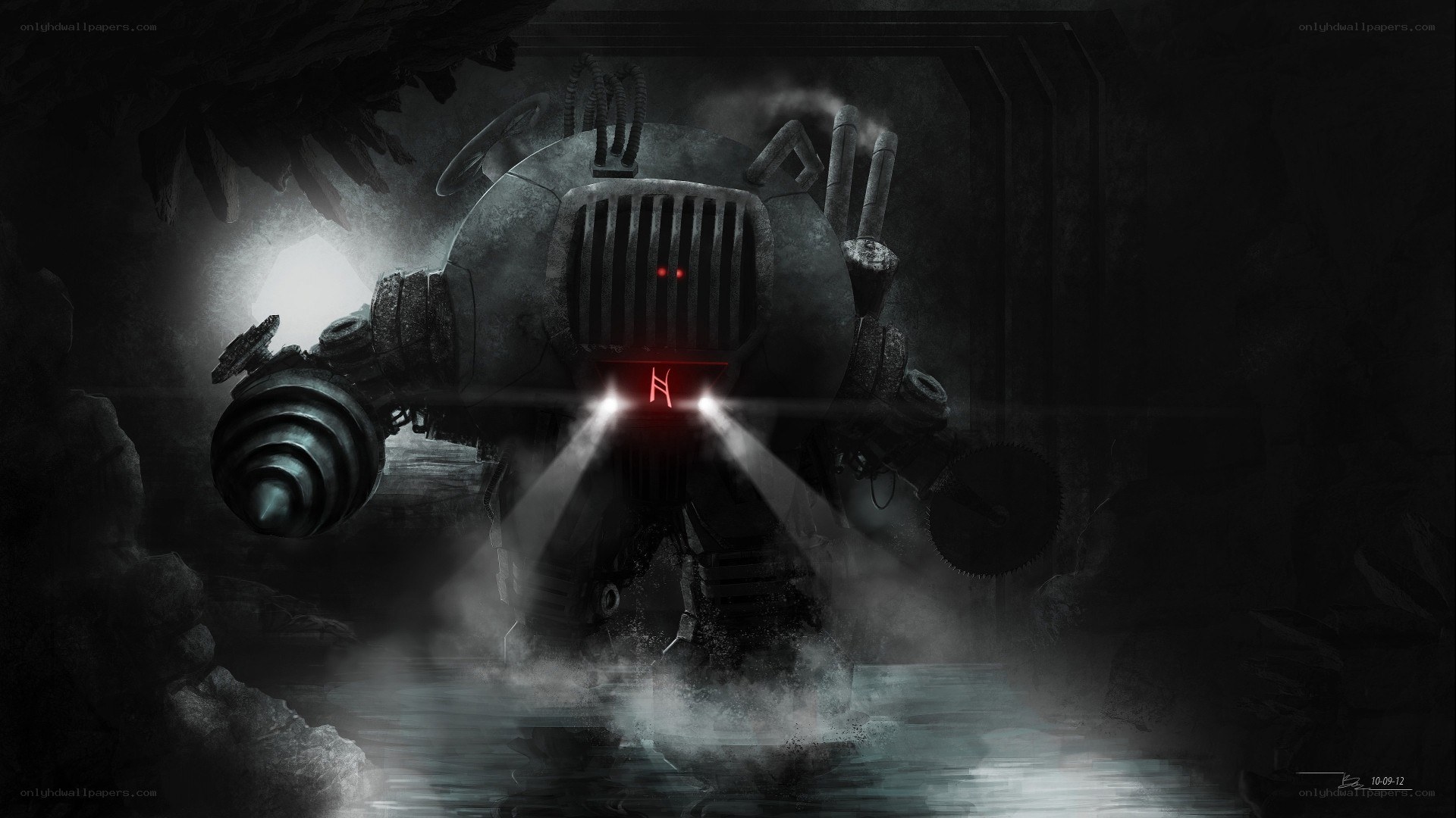 robot in dark cave
