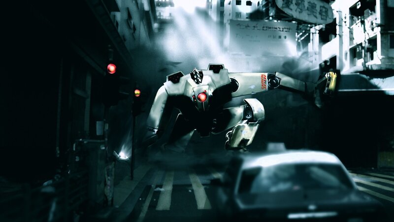 robot in dark city alley