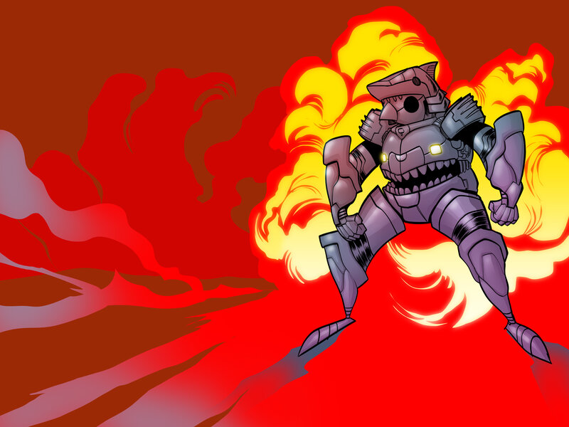 robot in fiery explosion