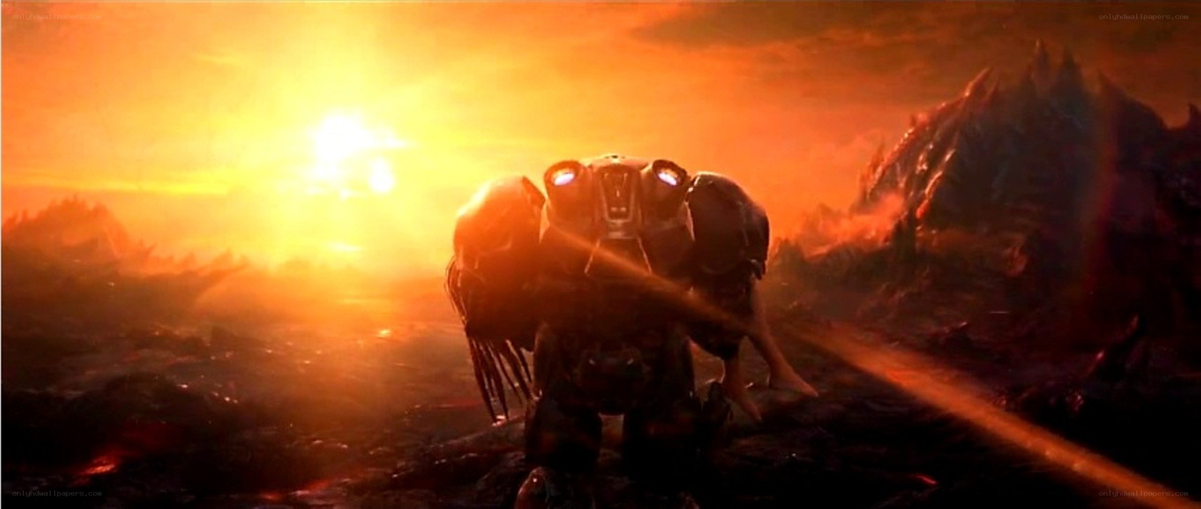 robot in fiery landscape