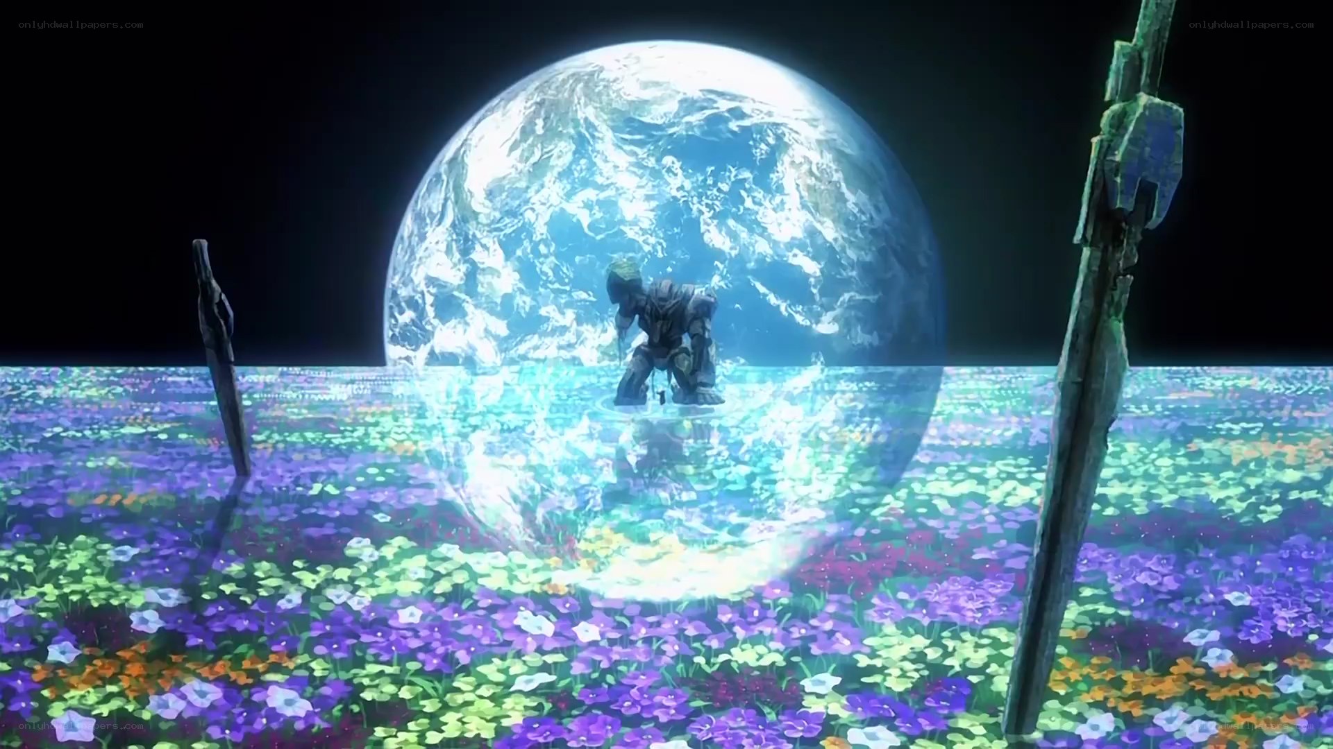 robot in flower field