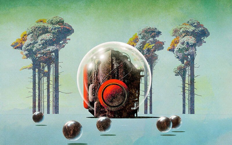 robot in forest bubble