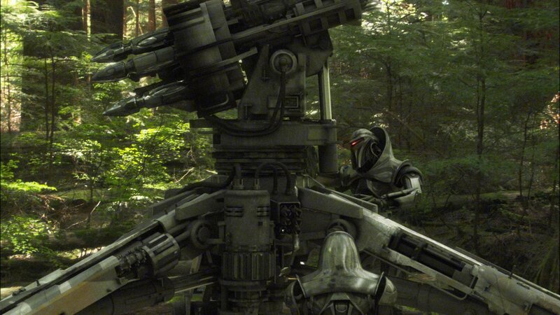 robot in forest with weapon