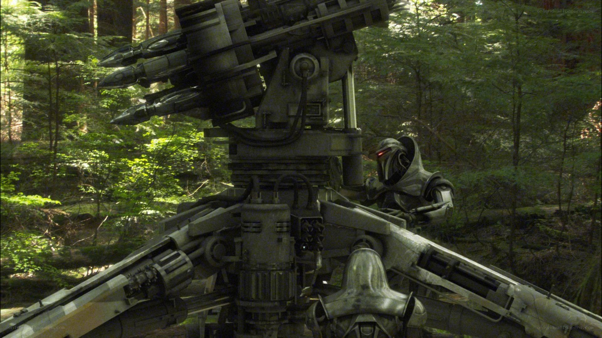 robot in forest with weapon