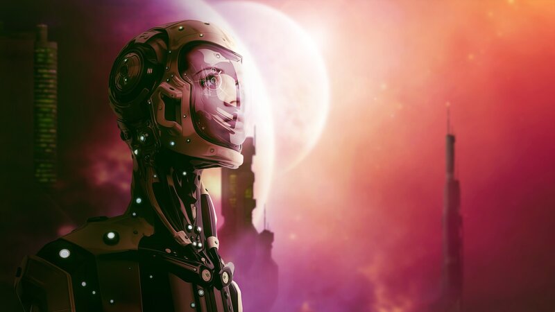 Robot in Futuristic City — Purple