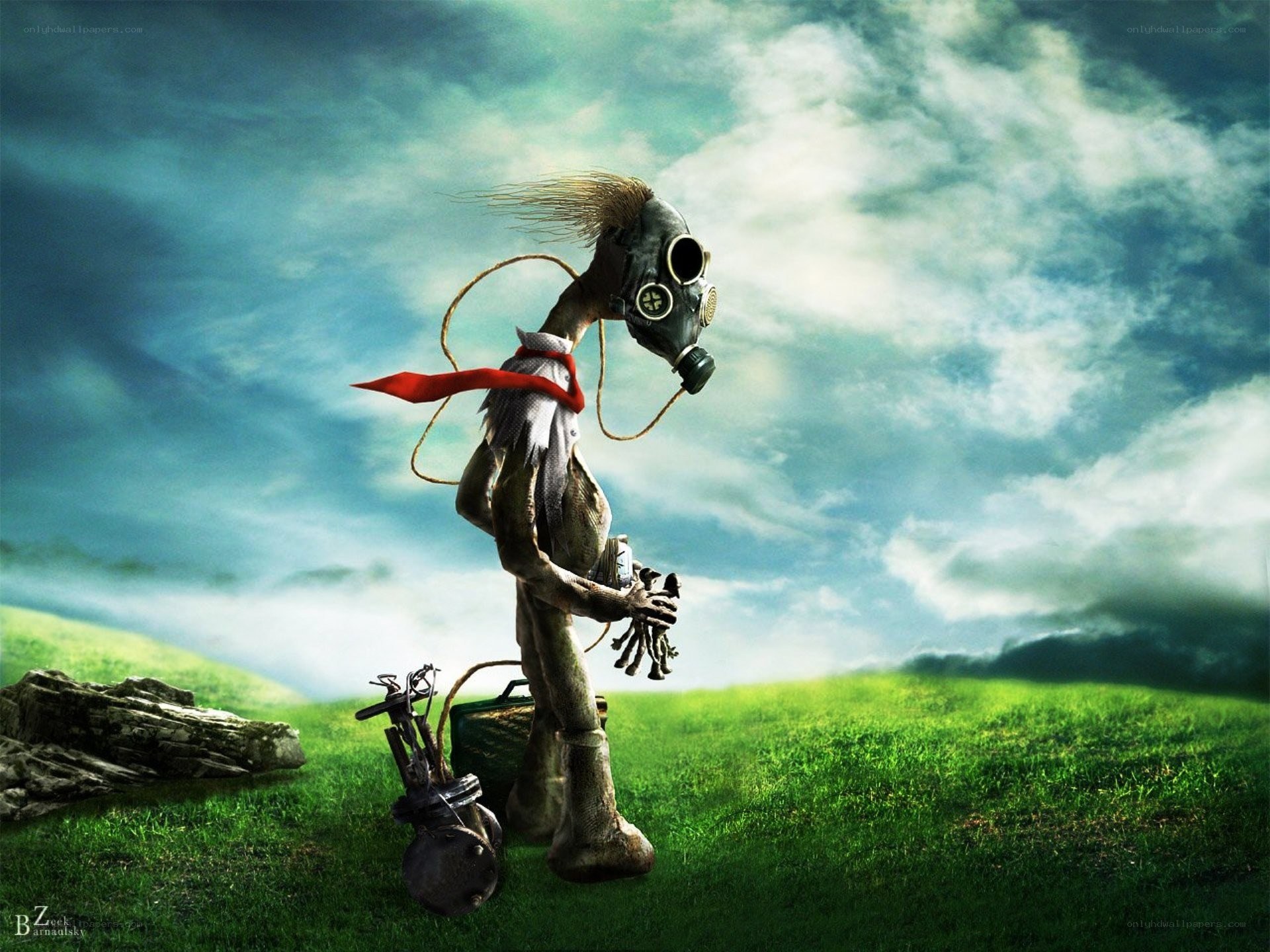 robot in gas mask on hill