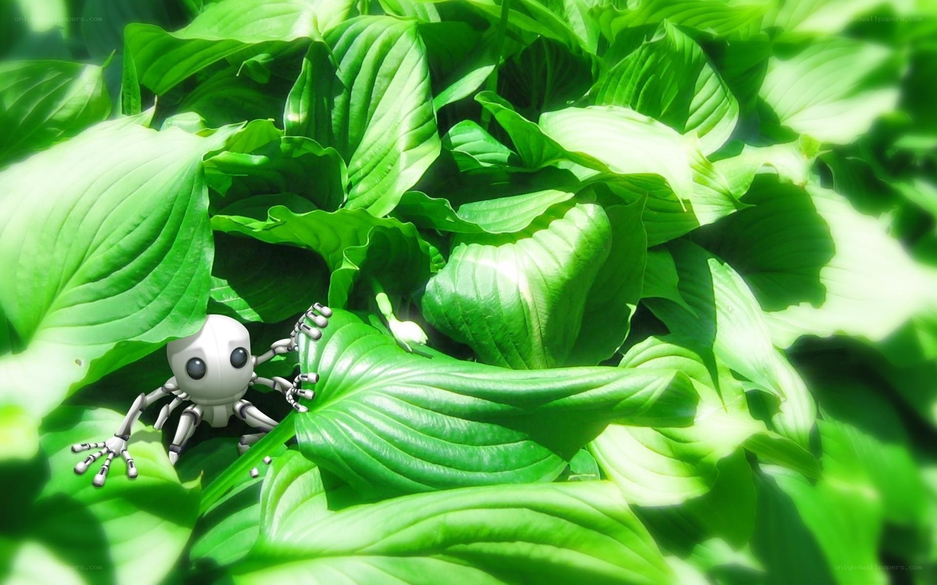 robot in green leaves