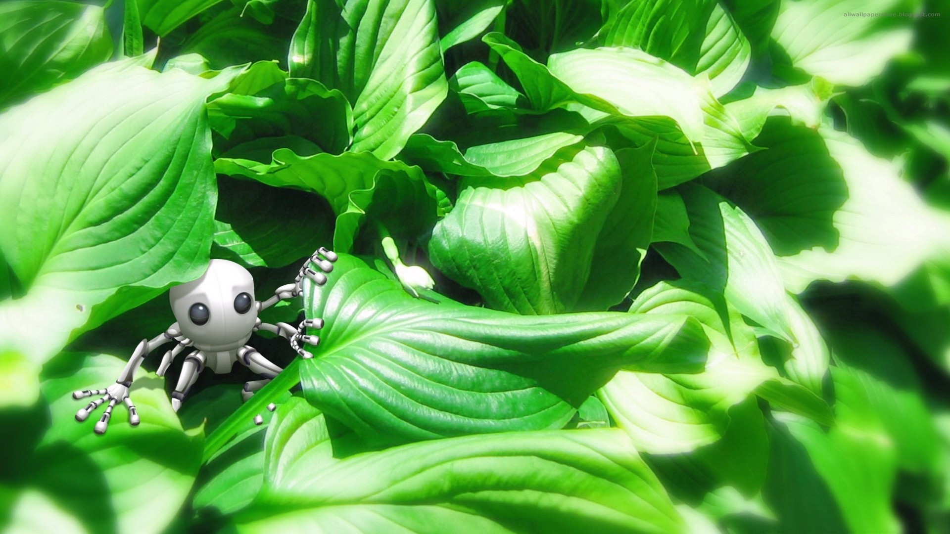 robot in green leaves