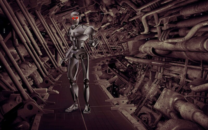 Robot in Industrial Corridor — Gray