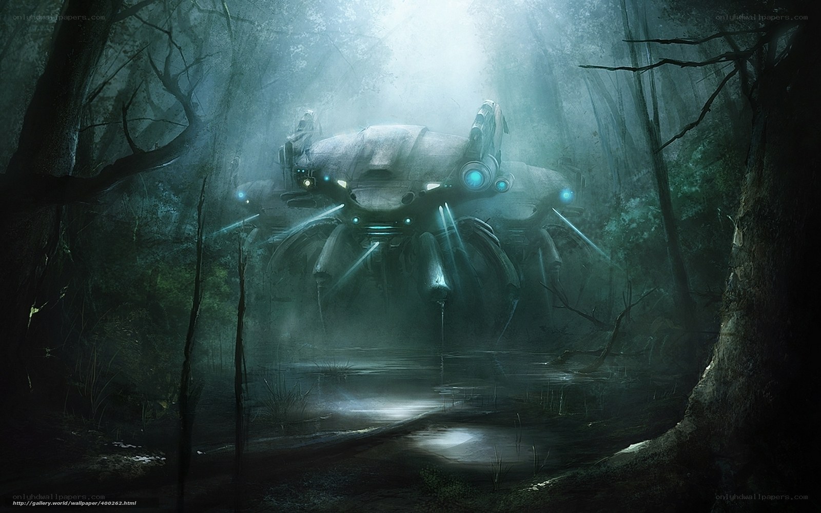 robot in misty forest