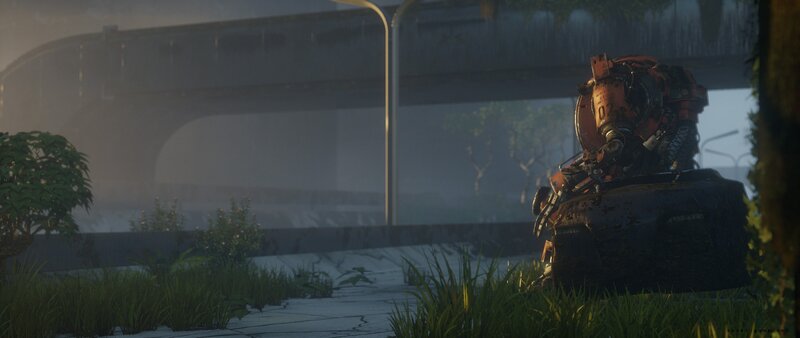 robot in overgrown city