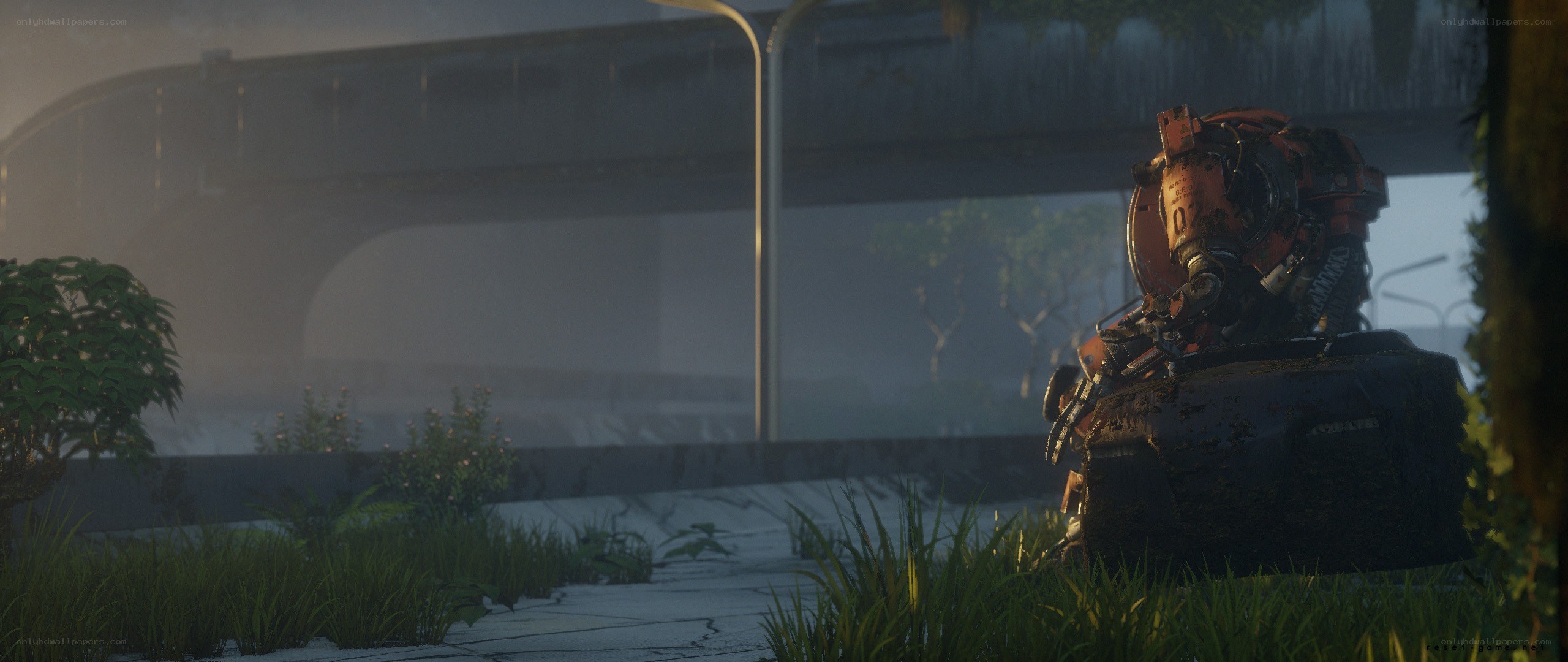 robot in overgrown city